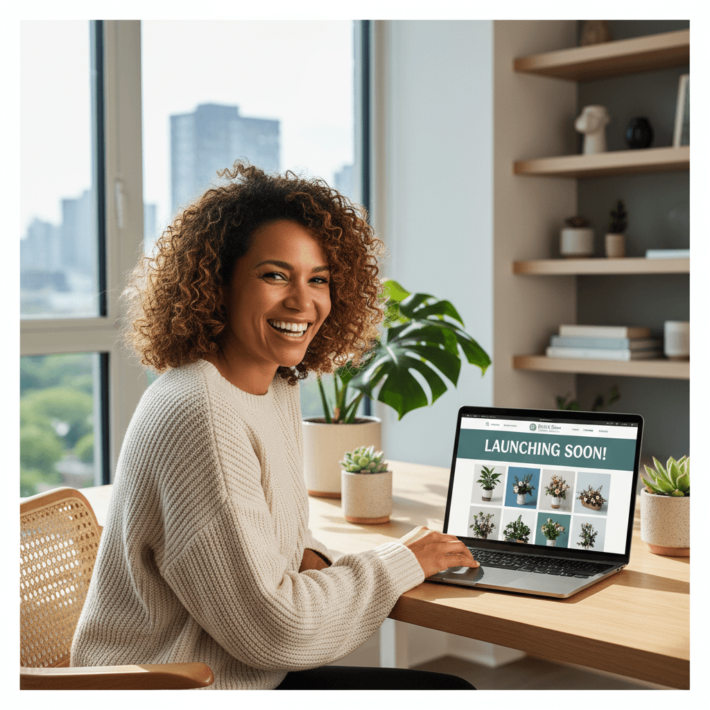 Small business owner reviewing website preview