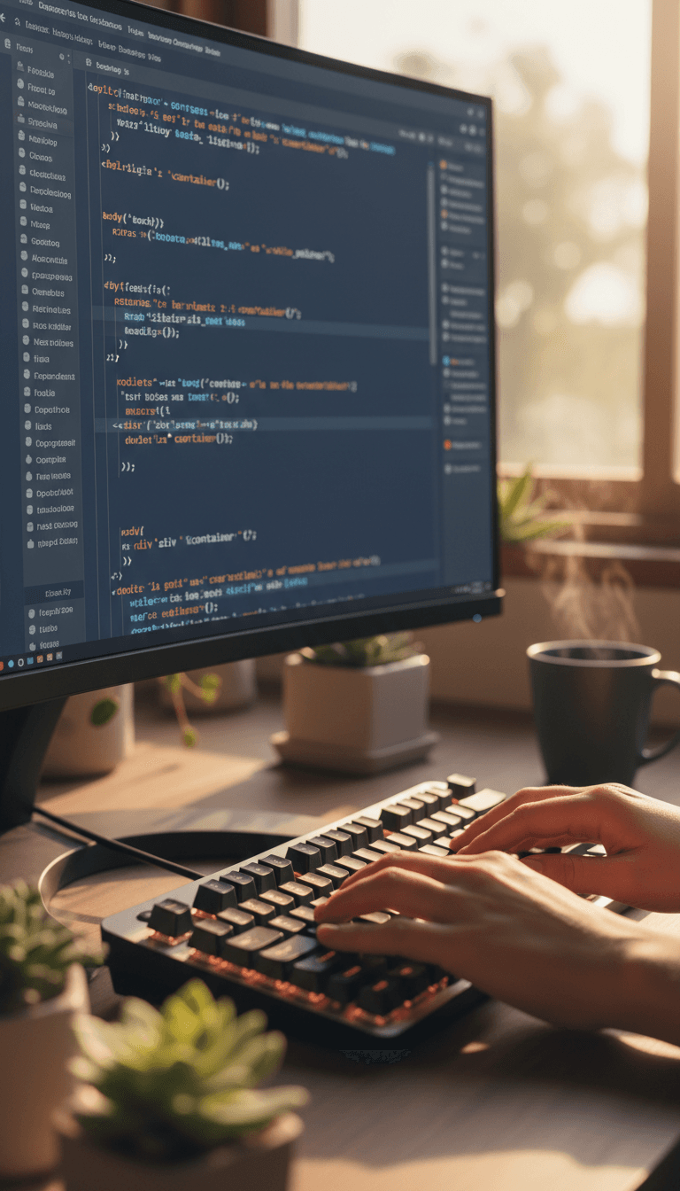 Hands typing on a keyboard with code on screen