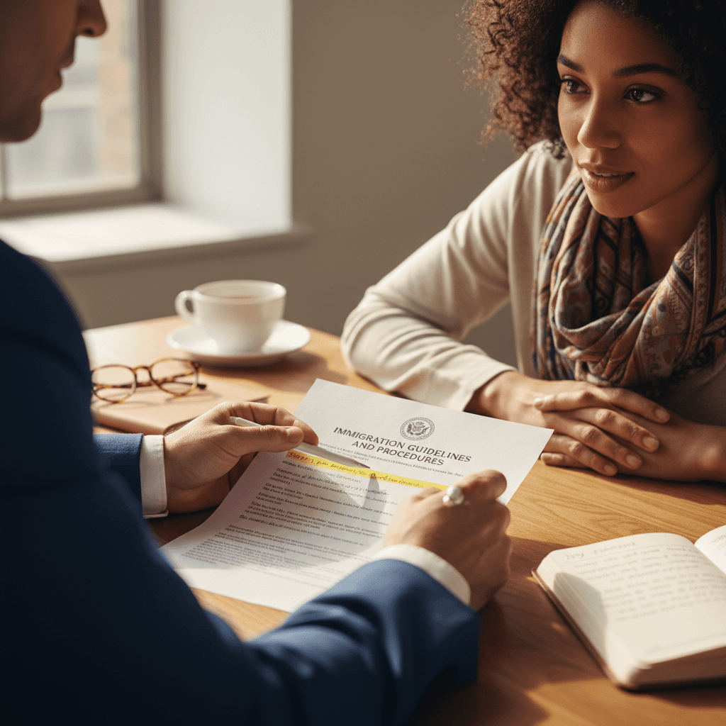 Professional consultant and client reviewing government document together at desk with natural light illuminating the paperwork